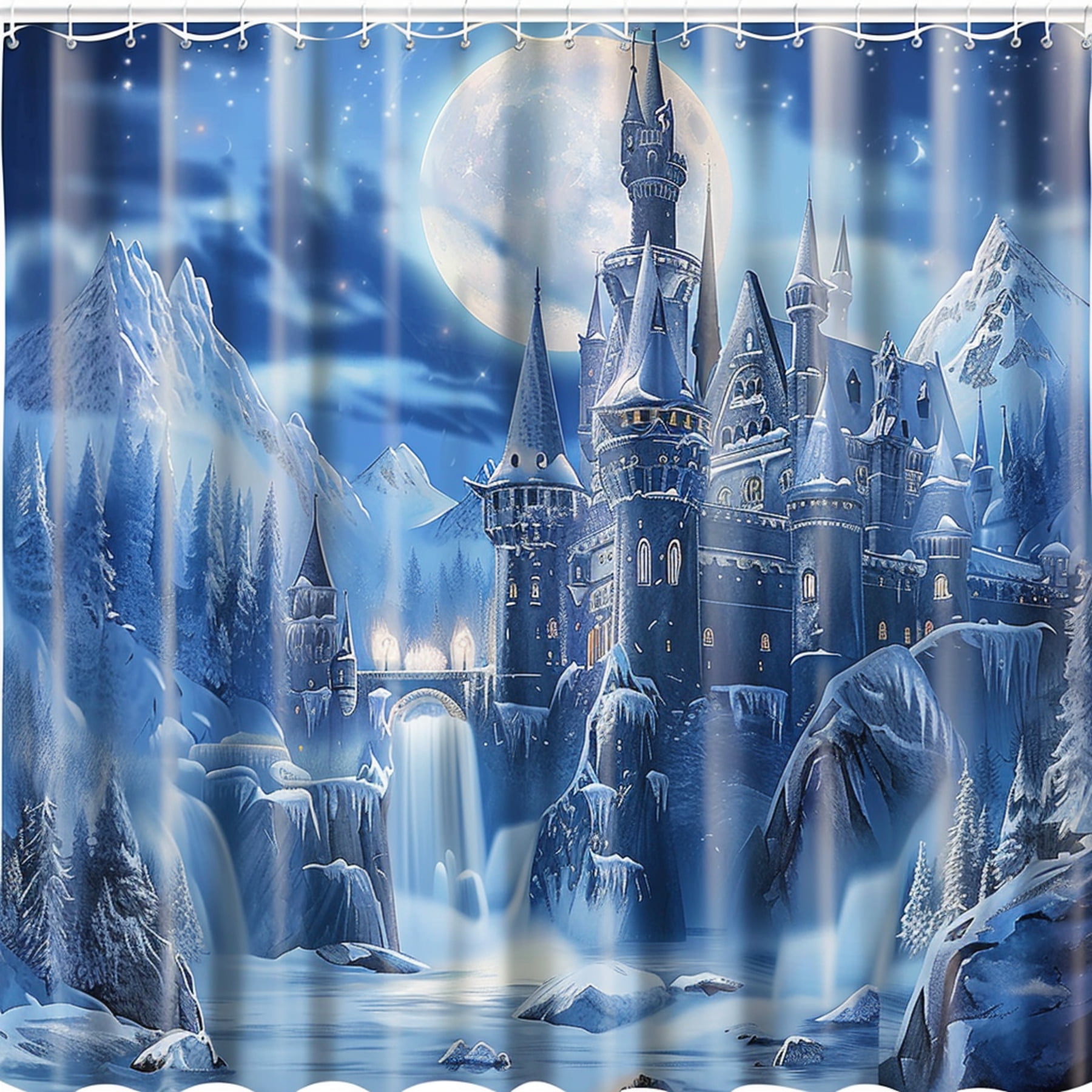 Medieval Castle in Snowy Mountains Moonlight Waterfall Ice Blue Shower