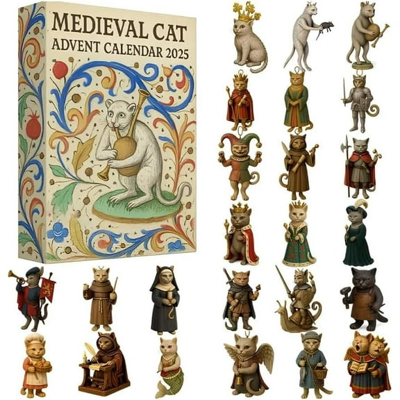 Medieval Cat Advent Calendar 2025, 24-Day Christmas Countdown Surprise Box, 2D Acrylic Festive Collectible Ornaments Decor for Xmas tree, Perfect Adorable Gift for Cat Lovers Home Decoration(1pc)