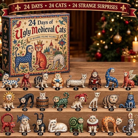 Medieval Cat Advent Calendar 2026, 24 Days Of Ugly Medieval Cats Surprise Box, Funny Feline Christmas Countdown For Collectors