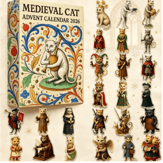Medieval Cat Advent Calendar - 24 Day Christmas Countdown Box with Medieval Cat Acrylic Hanging Ornaments