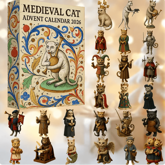 Medieval Cat Advent Calendar - 24 Day Christmas Countdown Box with Medieval Cat Acrylic Hanging Ornaments