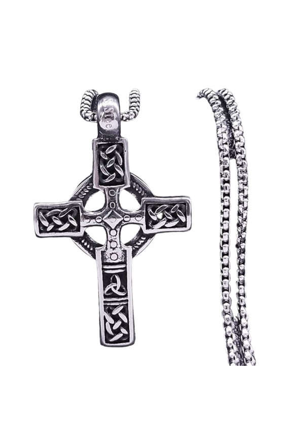 Medieval Celtic Cross Necklace Silver Stainless Steel Irish Crucifix Pendant
