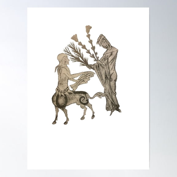 Medieval Centaur Illustration Of Chiron And Diana Poster Wall Art, Modern Wall Decor For Living Room Bedroom, 24x36 UNFRAMED