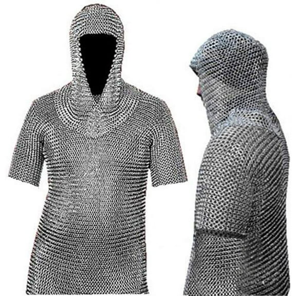 Medieval Chain Mail Shirt and Coif Armor Set (Full Size) Long Shirt