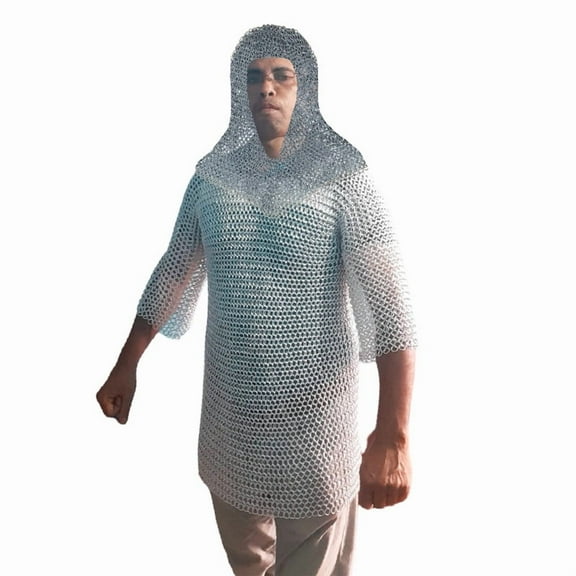 Medieval Chain Mail Shirt and Coif Set, Knights Butted Aluminum Chain Mail Armor Costume and Matching Hood - MEDIUM