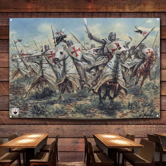 Medieval Christian Crusader Warriors Canvas Painting Wall Art Banner - Funny Knights Templar Artwork Poster Wall Hanging Flag 38" x 57"