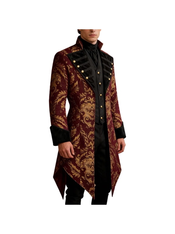 Medieval Clothing Men's Costumes Steampunk Jacket, Victorian Gothic Tailcoat, Halloween Costumes Red S