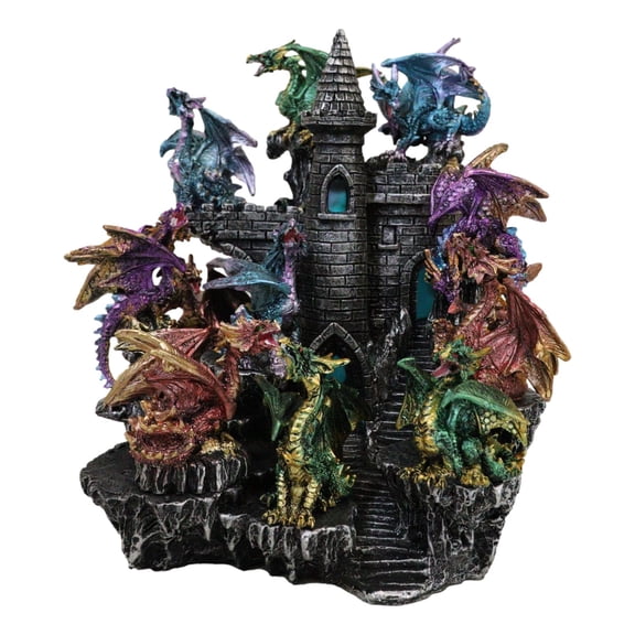 Medieval Colorful 12 Mini Dragons On Mountain Stonewall Castle Display Stand Set