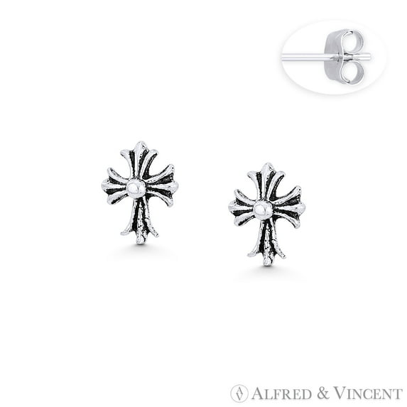Medieval Coptic Cross Stud Earrings in Oxidized .925 Sterling Silver