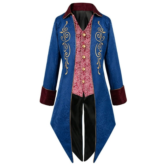 Father's Day Gifts,Medieval Costume Men Lace Patchwork Turn-down Collar Long Sleeve Vintage Party Tuxedo Dress Shirt Mid Length Coat (X-Large, Blue 01)
