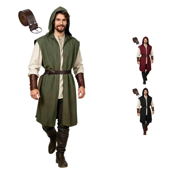 Medieval Costume Men Sleeveless Hooded Pirate Jacket with Belt Two Piece Set Halloween Cosplay Halloween Costume Men, Size 3XL