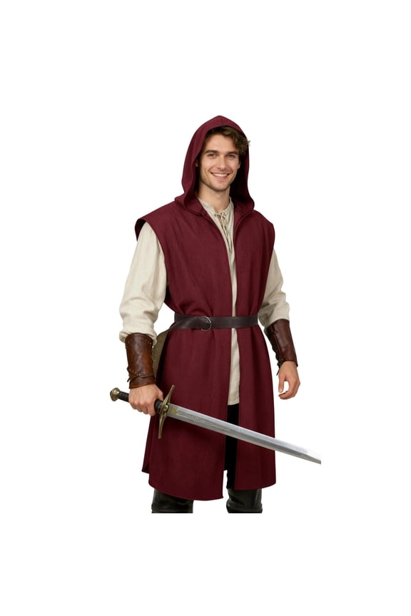 Medieval Costume Men Viking Hooded Sleeveless Surcoat with Belt Renaissance Cloak for Halloween Assassin Cosplay