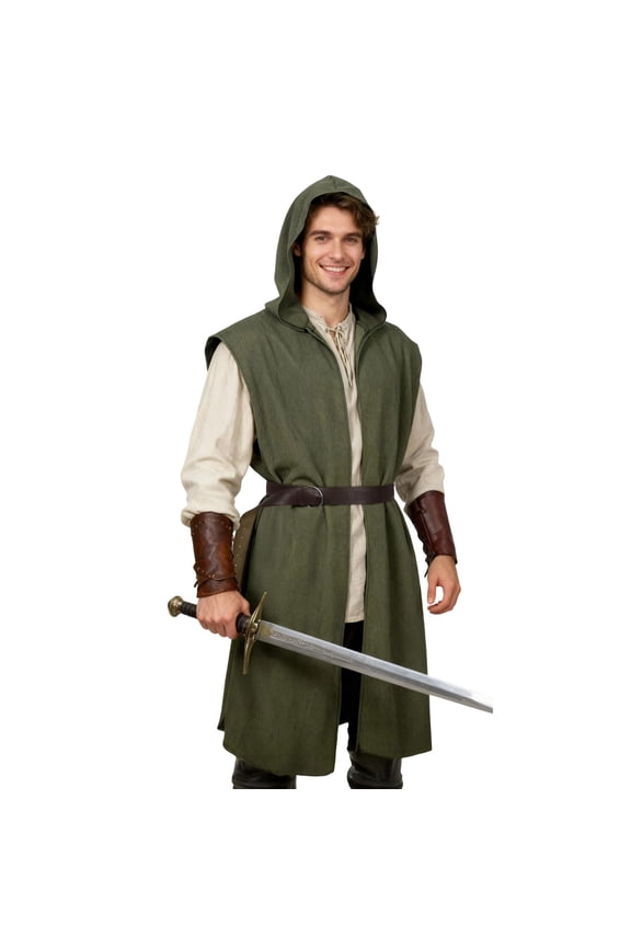 Medieval Costume Men Viking Hooded Sleeveless Surcoat with Belt Renaissance Cloak for Halloween Assassin Cosplay