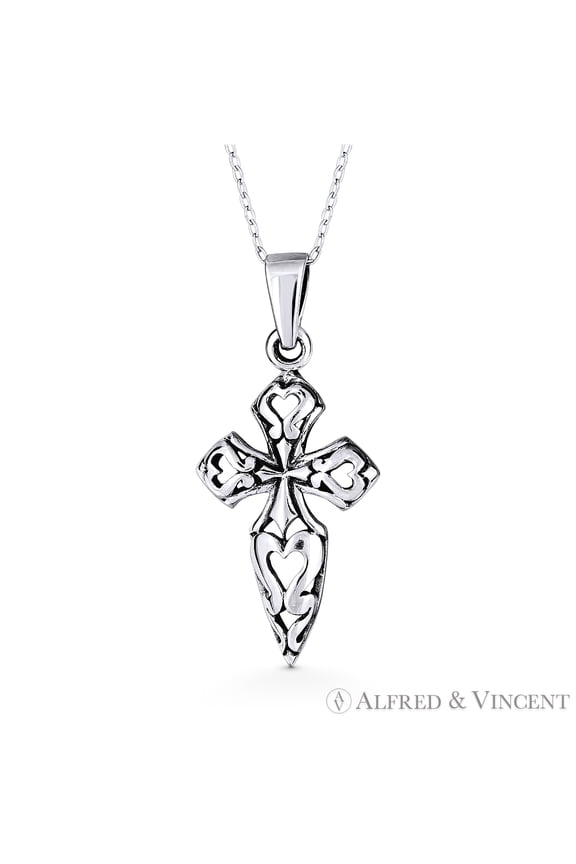 Medieval Cross Christian Charm Pendant & Chain Necklace in Oxidized .925 Sterling Silver
