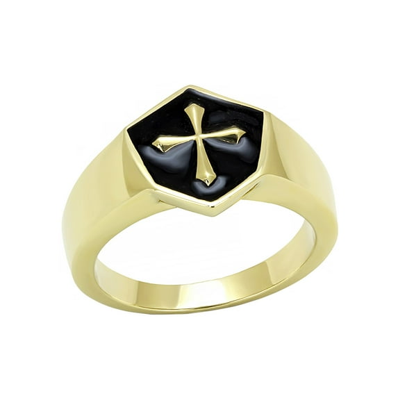 Medieval Cross in Black background Shield Shape Gold IP Stainless Steel Mens Ring - Size 10