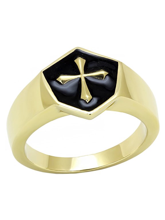 Medieval Cross in Black background Shield Shape Gold IP Stainless Steel Mens Ring - Size 9