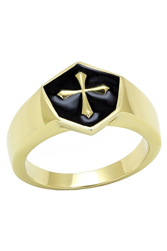 Medieval Cross in Black background Shield Shape Gold IP Stainless Steel Mens Ring - Size 9