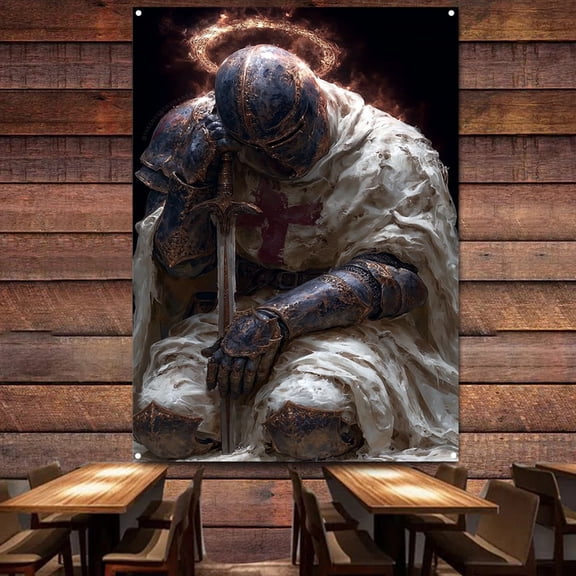 Medieval Crusades Wall Hanging Tapestry Canvas Paintings Christ Jesus Knights Templar Armor Banner Wall Art Flag Vintage Templar Battles History Posters and Prints Interior Decor,38X57 inches
