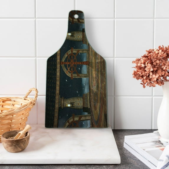 Medieval Cutting Board, Gothic Building in the Sky Large Terrace Fantasy Architectural Image Print, Tempered Glass Cutting and Serving Board, Wine Bottle Shape, Dark Grey Brown, by Ambesonne
