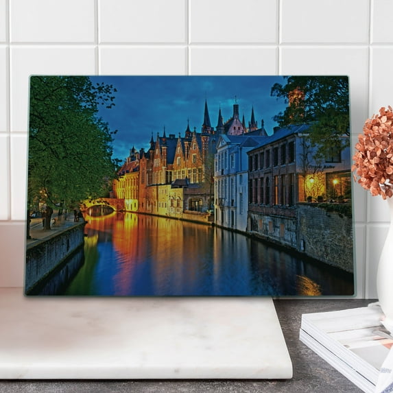 Medieval Cutting Board, Night Shot of Middle Age Building Along the River Bruges Heritage Old Town Photo, Decorative Tempered Glass Cutting and Serving Board, Large Size, Multicolor, by Ambesonne