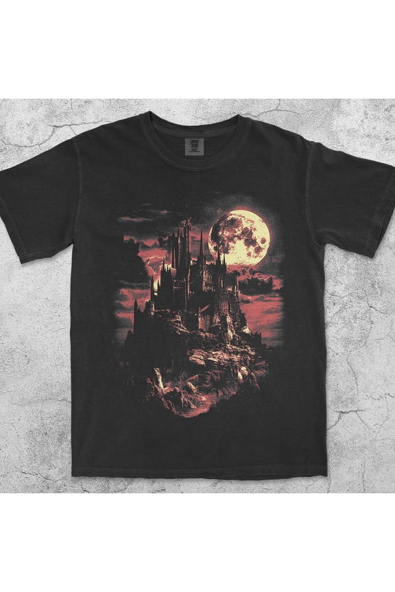 Medieval Dark Fantasy Castle TShirt Gothic Moon Graphic Tee Retro Horror 90s Y2K Shirt Gru