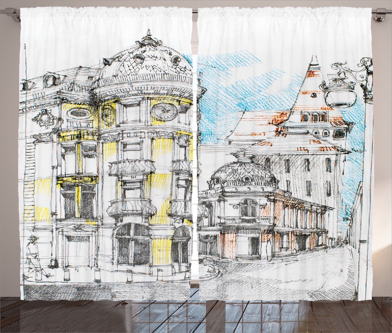 Medieval Decor Curtains 2 Panels Set, Pale Sketch Design of Middle Age Renaissance Building in European Old Town Cityscape, Living Room Bedroom