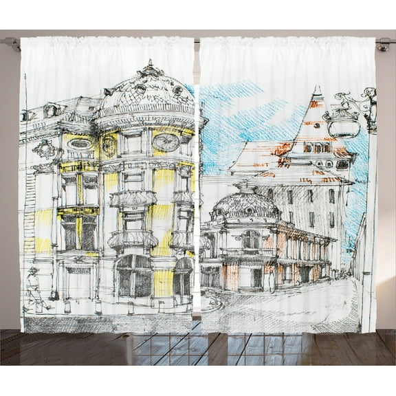 Ambesonne Medieval Curtains 2 Panel Set, European City Sketch, 108" x 90", Multicolor