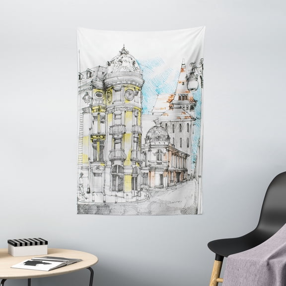 Medieval Decor Wall Hanging Tapestry, Pale Sketch Design of Middle Age Renaissance Building in European Old Town Cityscape, Bedroom Living Room Dorm Accessories, 40 X 60 Inches, by Ambesonne