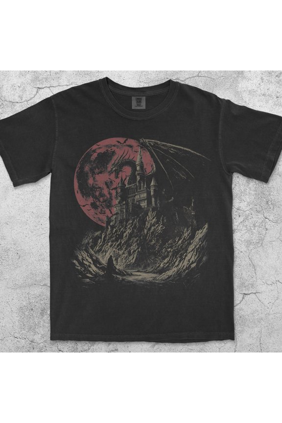 Medieval Dragon Castle Fantasy TShirt Gothic Graphic Tee Retro Dark Art 90s Shirt Mythical