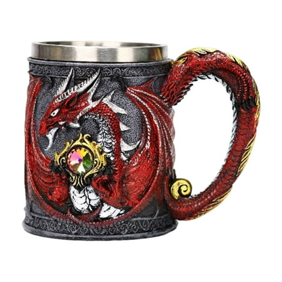 Medieval Dragon Mug 450ml 3D Embossed Resin Stainless Steel Lined Vintage Beer Cup Mythical Western Gothic Home Decor Halloween Party Gift