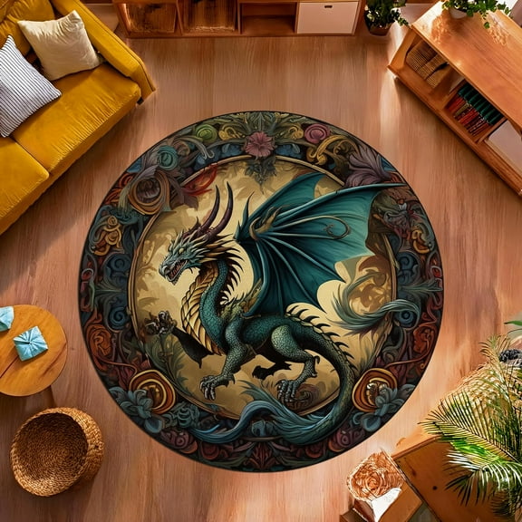 Medieval Dragon Round Area Rug, fantasy gothic castle creature circle carpet for living room or gaming space, soft washable non-slip floor mat, dark academia style décor accent