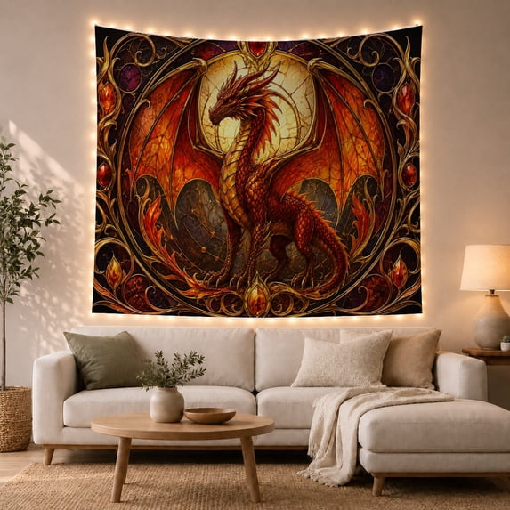 Medieval Dragon in Stained Glass Circle, Mystical Fantasy for Dragon Lovers, Gothic Wall Art Housewarming Gift Tapestry Wall Hanging for Bedroom, Living Room