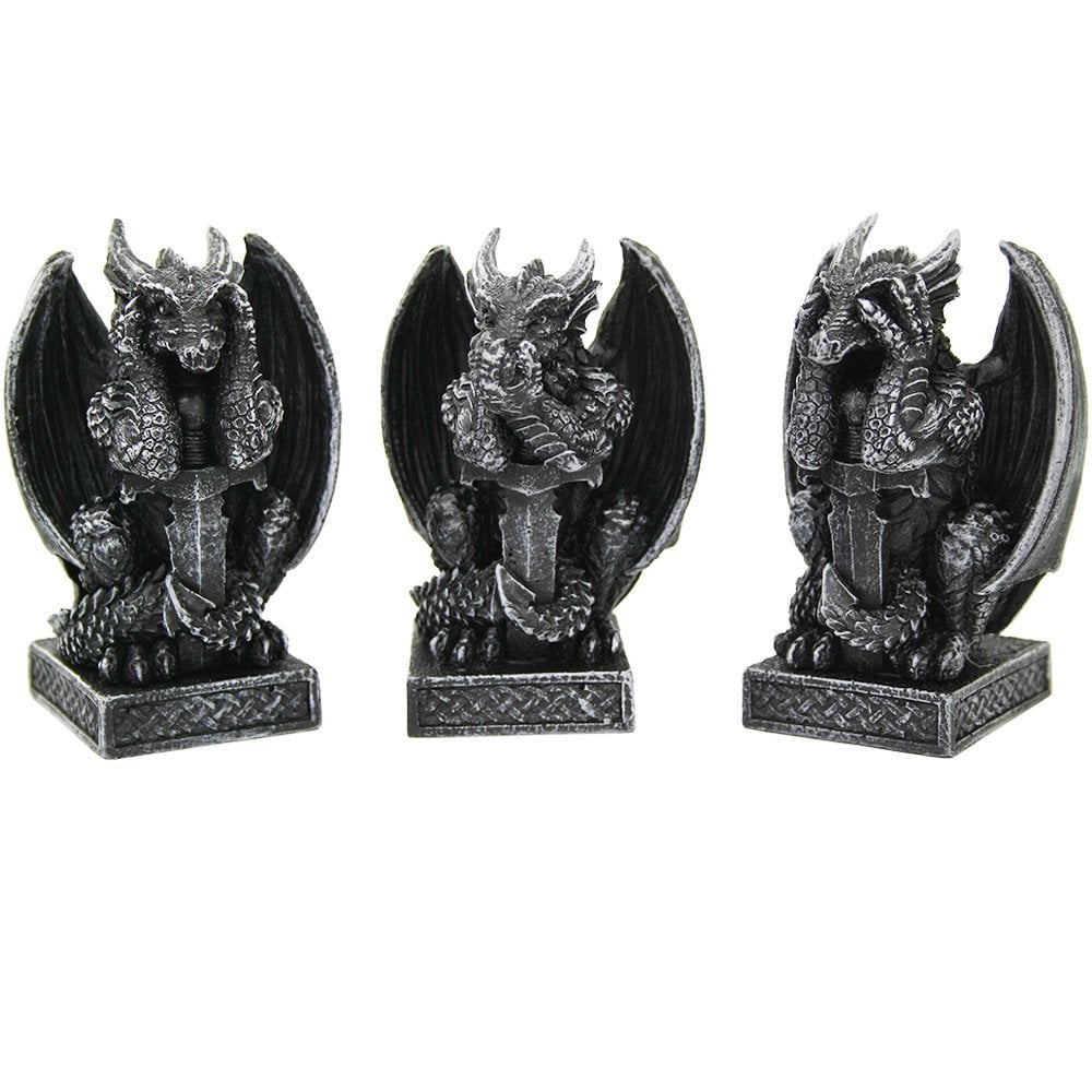 Medieval Glossy Black Resin Dragon Figurine Set