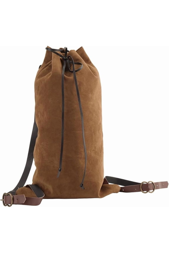 Medieval Drawstring Backpack Vintage Fibre LARP Renaissance Bag with PU Leather Straps and Alloy Clasps Portable Pouch for Outdoor Activities Cosplay Gym Workout Swim Beach 18x10.8in Camel