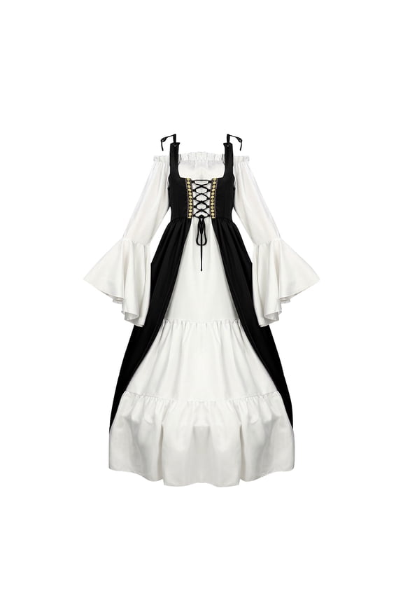 Medieval Dress for Women Off Shoulder Long Trumpet Sleeve Renaissance Dress Fashion Floral High Waist Retro Dress Solid Costume Flare A-Line Medieval Victorian Skirt Set for Halloween