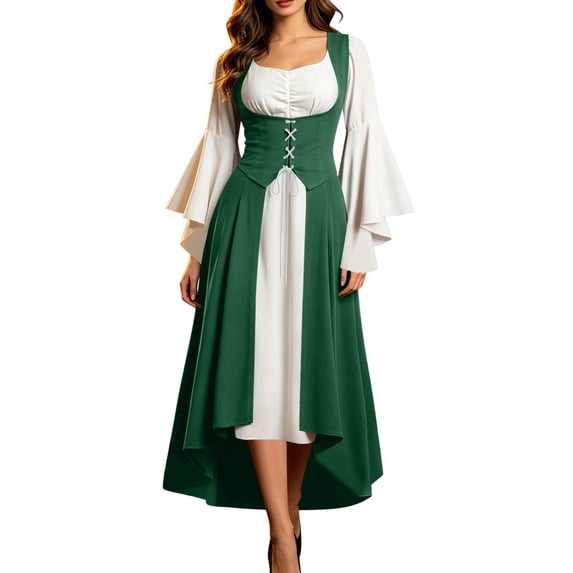 Medieval Dress for Women Color Block Long Sleeve Square Neck Lace Up Corset Halloween Party Gown
