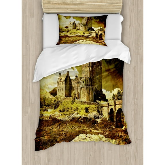 Medieval Duvet Cover Set, Old Scottish Castle Vintage Style European Middle Age Culture Heritage Town Photo, Decorative 2 Piece Bedding Set with 1 Pillow Shams, Twin Size, Grey Green, by Ambesonne