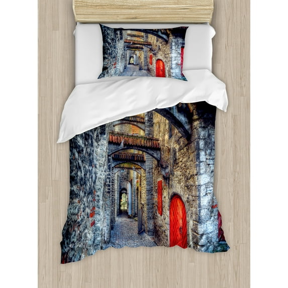 Medieval Duvet Cover Set, Old Stone Street Passage Estonia Middle Ages Town Heritage Photo Art, Decorative 2 Piece Bedding Set with 1 Pillow Shams, Twin Size, Grey Red Brown, by Ambesonne