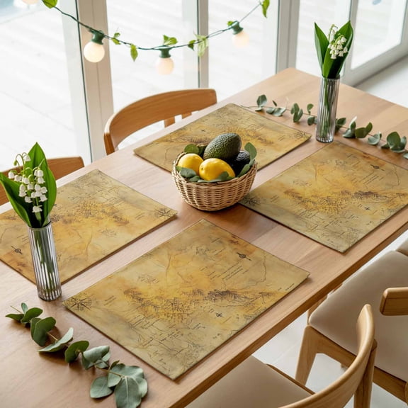 Medieval Earth Map on Retro Placemats Set of 4,Wipeable Washable Table Mats for Dining Tables, Modern Abstract Mountain Place Mats for Kitchen Event Party Tabletop Decor