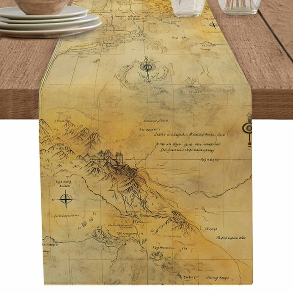 Medieval Earth Map on Retro Table Runner-36 Inch Long Modern Abstract Mountain Table Runners Linen Burlap Tablerunner for Kitchen Dining Room Holiday Party