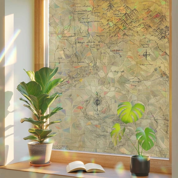 Medieval Earth Map on Retro Window Privacy Film, Rainbow Film Decorative Window Sticker 17.7x39.3in, Modern Abstract Mountain Sun Blocking Static Stained Glass Cling Tint Non-Adhesive