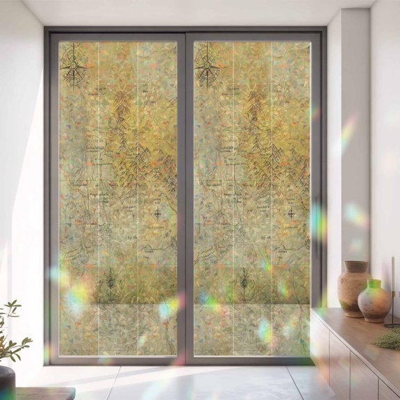 Medieval Earth Map on Retro Window Privacy Film, Rainbow Film Decorative Window Sticker 35.4x78.7in, Modern Abstract Mountain Sun Blocking Static Stained Glass Cling Tint Non-Adhesive