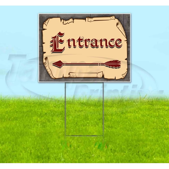 Medieval Fair Entrance Left Arrow Red Scroll  (18"" X 24"") Yard Sign, Includes Metal Step Stake