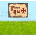 thumbnail image 1 of Medieval Fair First Aid Red Scroll  (18"" X 24"") Yard Sign, Includes Metal Step Stake, 1 of 3
