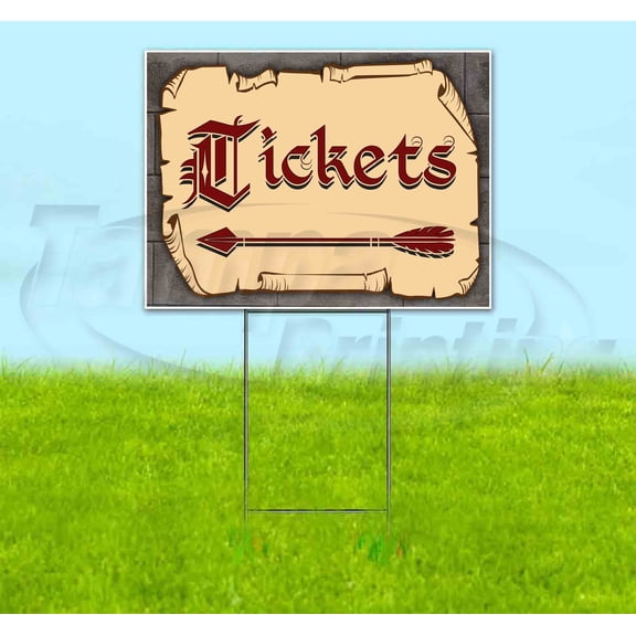 Medieval Fair Tickets Left Arrow Red Scroll (18"" X 24"") Yard Sign, Includes Metal Step Stake