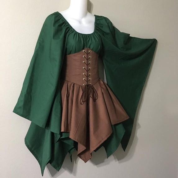 Medieval Fairy Dress, Renaissance Corset Set, Womens Traditional Irish Dress Renaissance Medieval Costume Flare Sleeve Corset Halloween Victorian Short Dress , Dark Green XXL