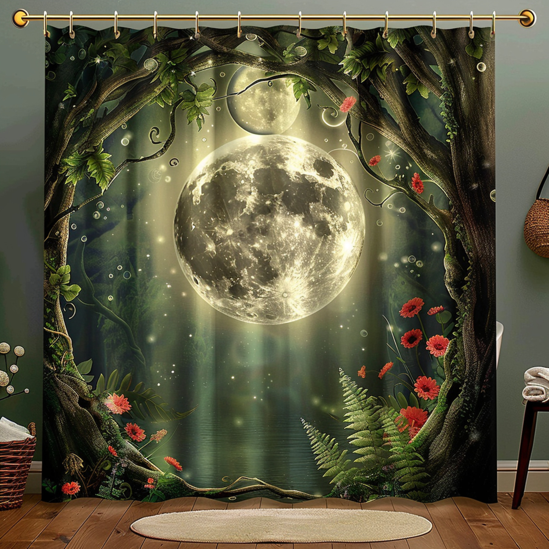Medieval Fantasy Full Moon Fairy Forest Shower Curtain Highly Detailed