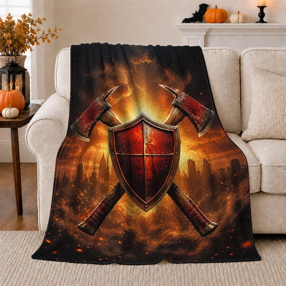Medieval Fantasy Hero Shield Axes Battle Scene, Cozy Friendship Quote Scene, Warm Flannel Blanket for Living Room and Reading Nook, Art Lovers Encouragement Gift, Fantasy Home Decor