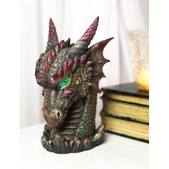 Medieval Fantasy Hydra Fin Red Spiked Dragon Head With Bright Eyes Statue 8"H