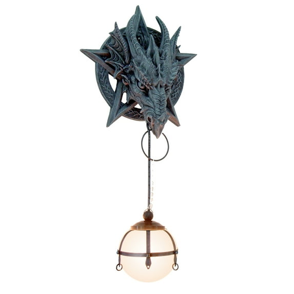 Medieval Fantasy Pentagram Dragon Sculptural Wall Lamp With Hanging Light Orb